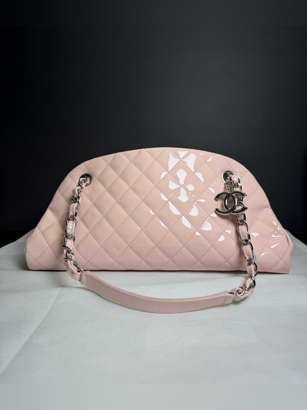 CHANEL Pink Quilted Patent Leather Just Mademoiselle Bowling Bag